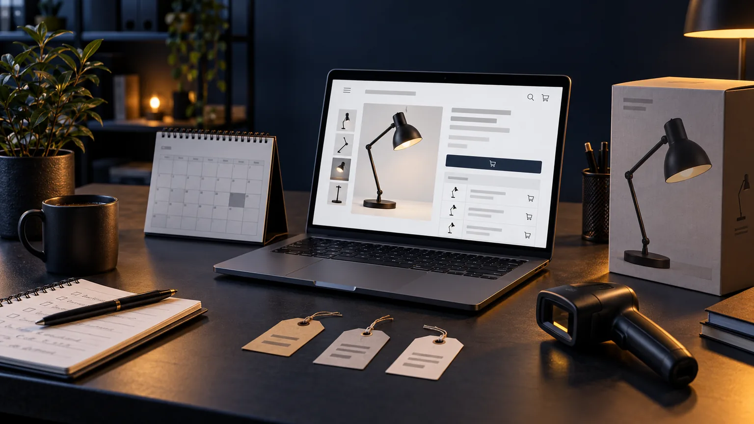 Magazin online pe laptop, calendar și etichete de preț pentru pregătirea reducerilor.