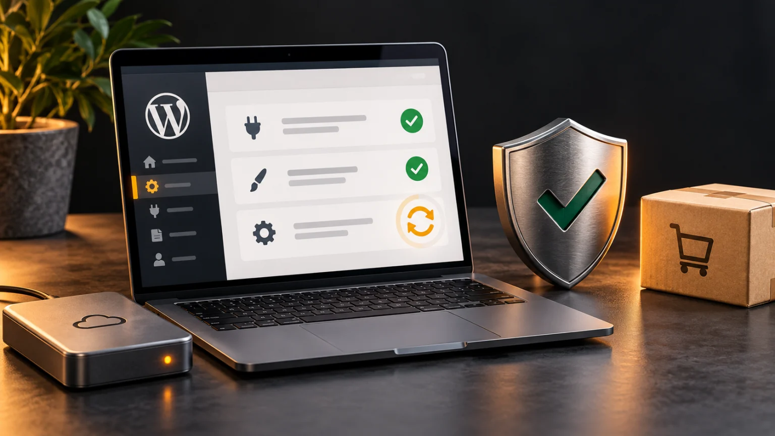 Ilustrație cu un laptop WordPress, stări de actualizare, o copie de siguranță și un scut de protecție.