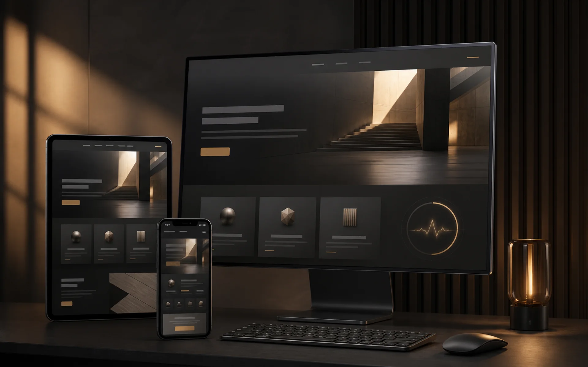 Website de prezentare afișat coerent pe desktop, tabletă și telefon
